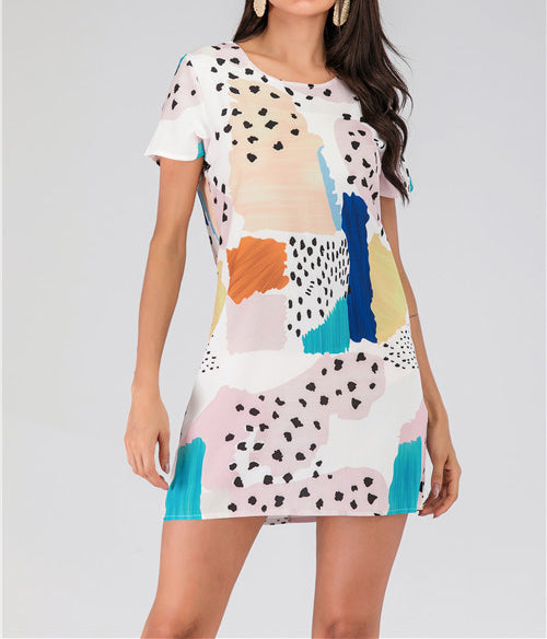 Spotted Color Block Heat Transfer Print Short Sleeve Dress