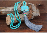 Hand Knotted Blue Turquoise Long Tassel Necklace Celebrity Wind Elephant Pendant