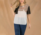 Plus Size Splicing Crew Neck Short Sleeve Sequined Chiffon Top