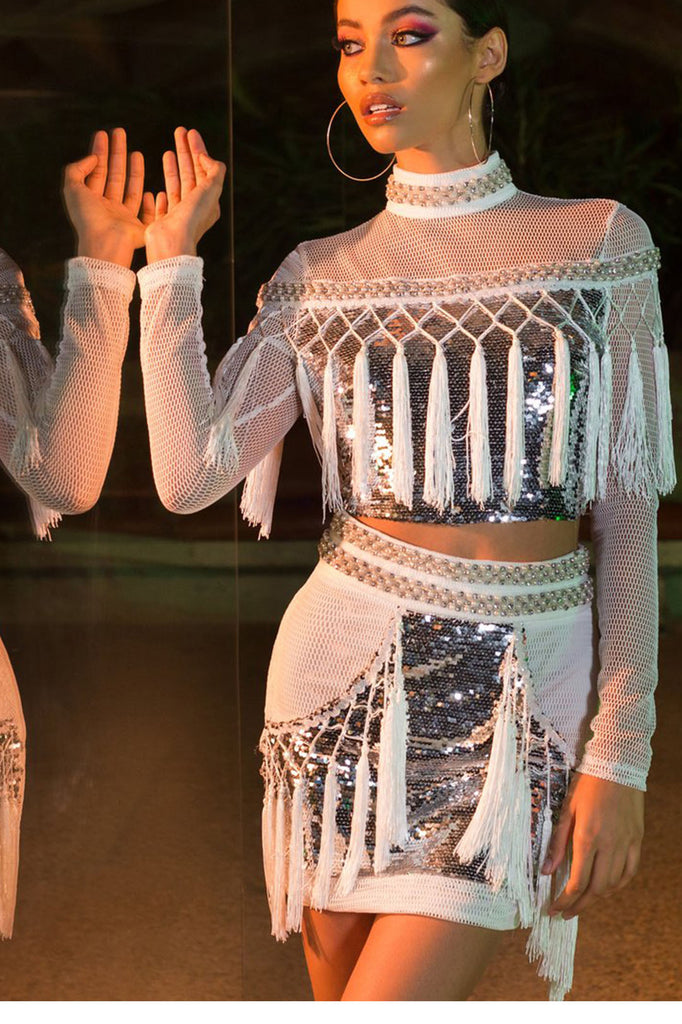 Nightclub Gauze Sequined Fringed Skirt Two-piece