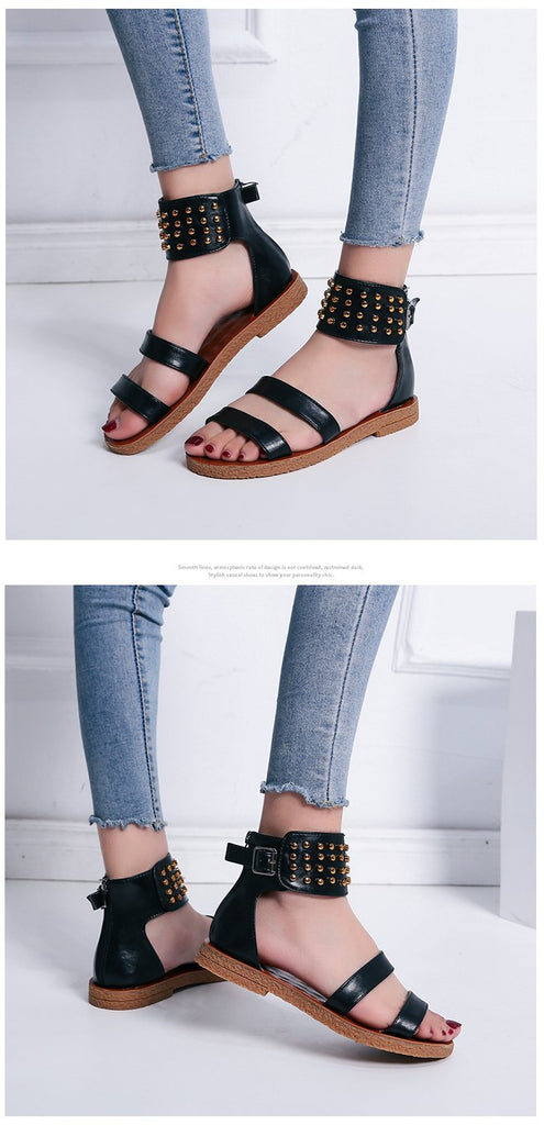 Spring and Summer Large Size Flat Rivet One-strap Buckle Sandals