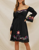 Embroidered One-shoulder Long-sleeved Bohemian Dress
