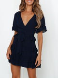 Sexy V-neck Ruffled Straps Solid Color Dress