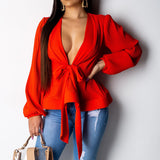 V-neck Long-sleeved Bow Top with Bright-colored Pullover Chiffon Shirt