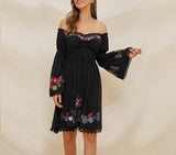 Embroidered One-shoulder Long-sleeved Bohemian Dress