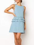 Solid Color Round Neck Sleeveless Halter Strap Ruffled Dress
