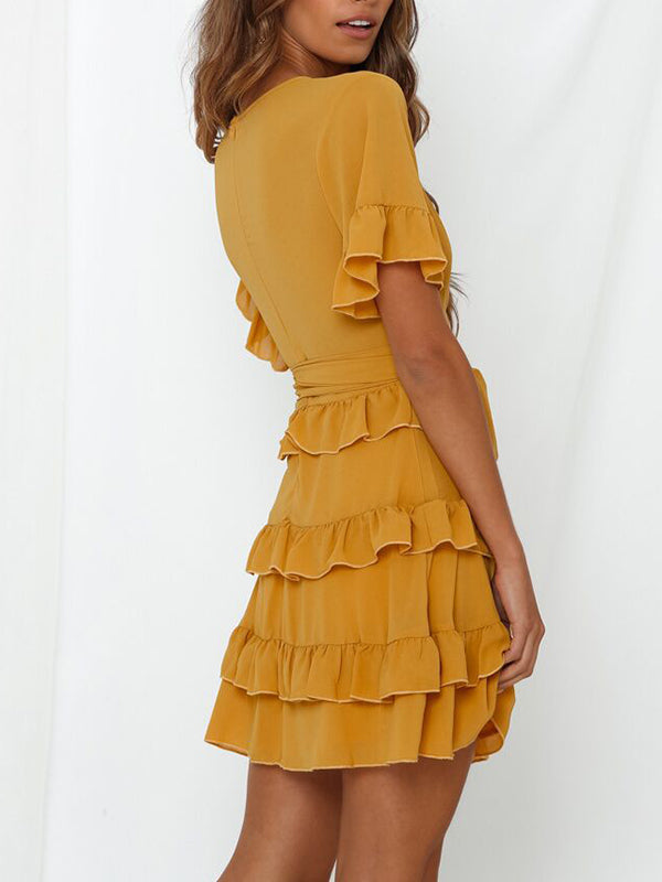 Sexy V-neck Ruffled Straps Solid Color Dress