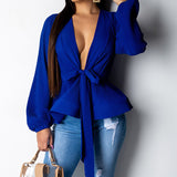 V-neck Long-sleeved Bow Top with Bright-colored Pullover Chiffon Shirt