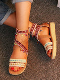 Summer Bohemian National Style Beaded Sandals Sweet Casual Large Size Women's Shoes