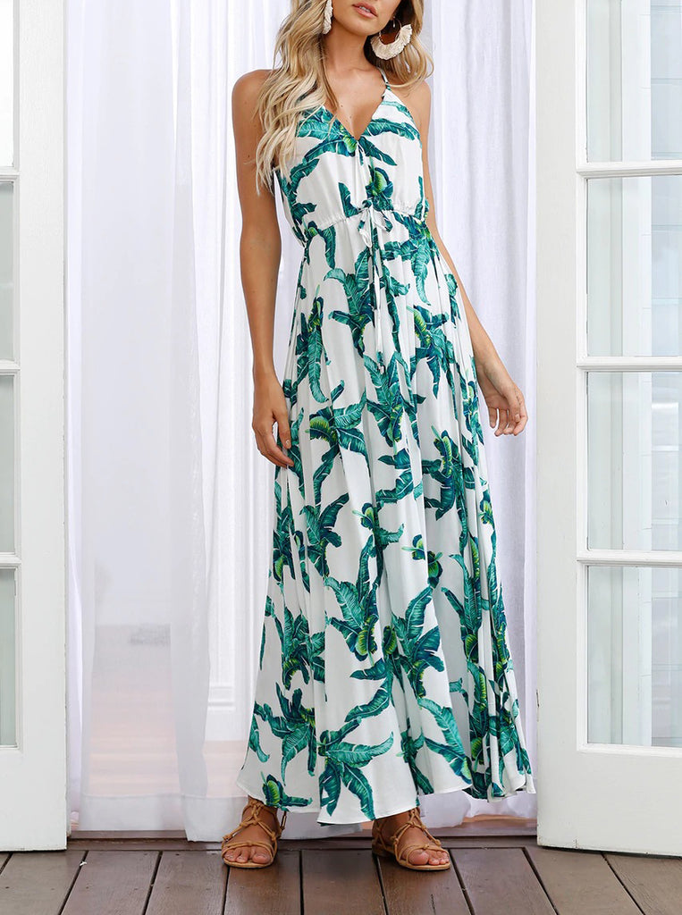 V-neck Sleeveless Halter Print Bohemian Large Dress