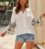 Embroidered V-neck Cotton and Linen Shirt T-shirt