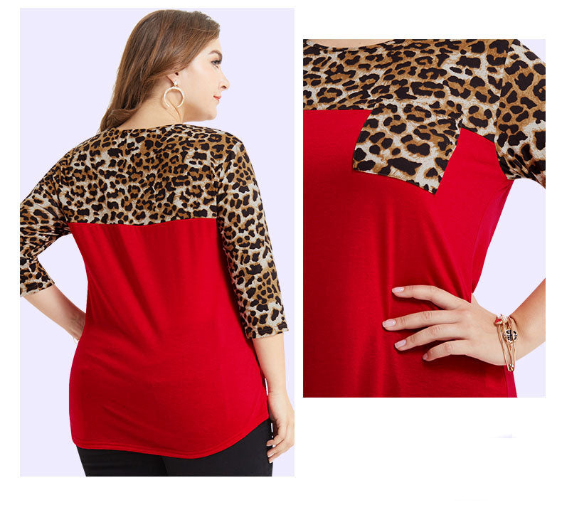 Plus Size Leopard Stitching Seven-point Sleeve Fat Mm Large Size Women's T-shirt