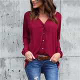 Solid Color V-neck Loose Long-sleeved Chiffon Shirt