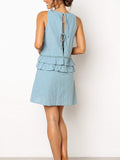 Solid Color Round Neck Sleeveless Halter Strap Ruffled Dress