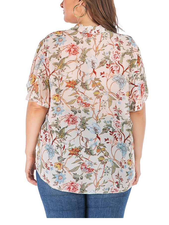 Round Neck Ruffled Sleeve Printed Short-sleeved T-shirt