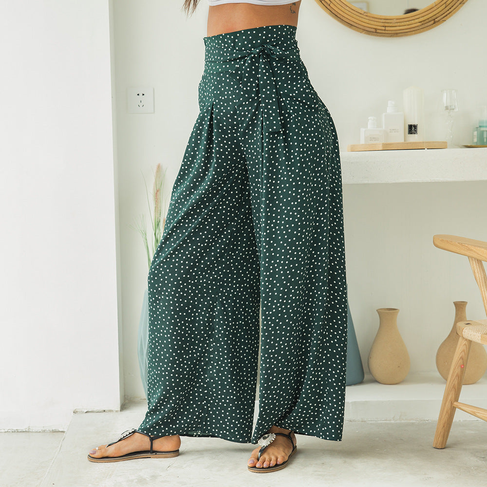 Fashion Printed Wavelet Point Casual Loose Straps Bow Wide Leg Pants