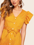 V-neck Ruffled Short-sleeved Single-breasted Polka Dot Dress