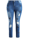 Plus Size Broken Embroidered Jeans Trousers