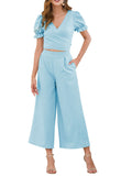 Women's Sleeves V-neck Tie with Navel Waist Wide Leg Cross-legged Nine Pants