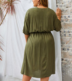 Large Size V-neck New Solid Color Sleeve Dress