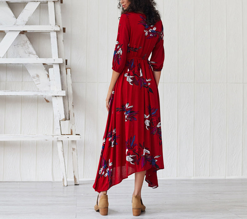Bohemian Print Long Sleeves Waist Maxi Dress