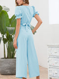 Women's Sleeves V-neck Tie with Navel Waist Wide Leg Cross-legged Nine Pants