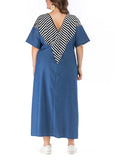 Plus Size V-neck Long Striped Stitching Denim Dress