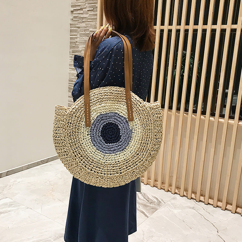 Woven Contrast Color Straw Bag Tide Fashion Large Capacity Wild Holiday Beach Bag Simple Shoulder Bag