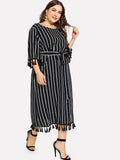 Large Size Women's Striped Loose Belted Fashion Dress