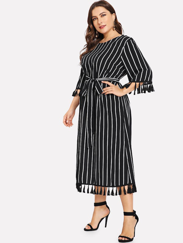 Large Size Women's Striped Loose Belted Fashion Dress