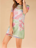 Tie-Dyed Perspective Mesh Round Neck Short-Sleeved Dress