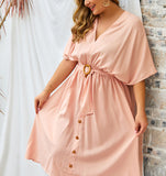 Large Size V-neck New Solid Color Sleeve Dress