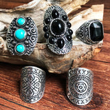 Vintage Tibetan Silver Palace National Wind Exotic Combination Ring Earrings Miao Silver Bracelet Set