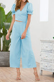 Women's Sleeves V-neck Tie with Navel Waist Wide Leg Cross-legged Nine Pants