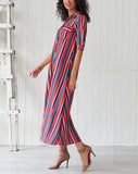 Half-sleeve Rainbow Striped Loose Bohemian Dress