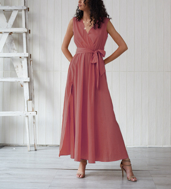 Bohemian Net Color V-neck Sleeveless High Slit Dress