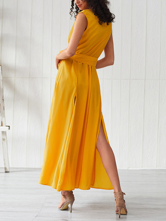 Bohemian Net Color V-neck Sleeveless High Slit Dress