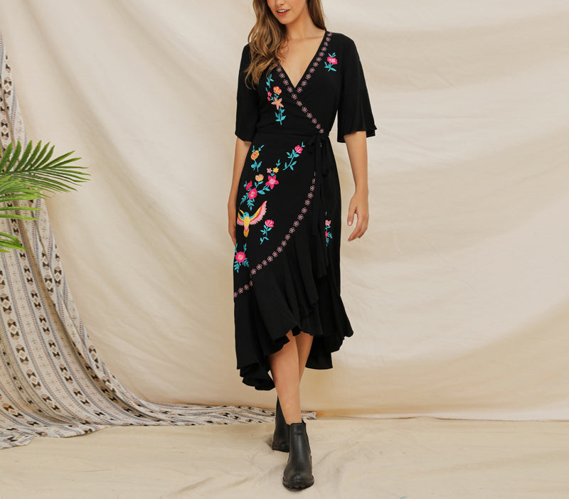 Short-sleeved Embroidered Ruffled Boho Dress