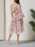 One-shoulder Sleeve Ruffled Lace Stitching Bohemian Dress
