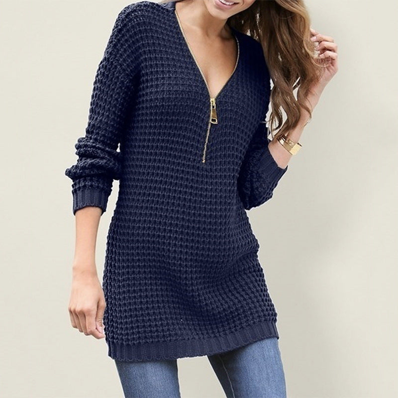 Mid-length Zipper V-neck Sweater Dress