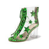 Snakeskin Transparent Star Sandals Female Summer Fashion Increased Crystal Bottom Lace-up Boots