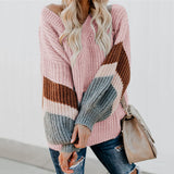 V-neck Lantern Sleeve Stripe Colorblock Sweater