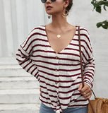 Women Single-button V-Collar Striped T-shirt