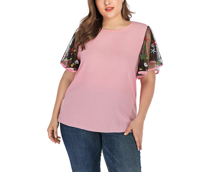 Large Size Short Sleeve Embroidered Ruffled Sleeve T-shirt