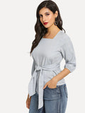 Autumn New Cropped Sleeves Women's Shirt Plaid with Belt Tops Blouse T-shirt