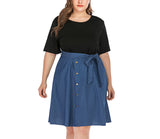 Plus Size Black Short Sleeve Stitching Denim Dress