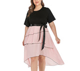 Plus Size Black Short Sleeve Stitching Irregular Dress