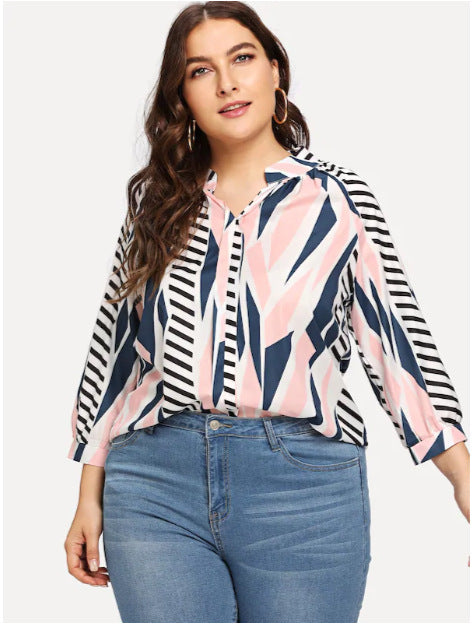 Large Size Women's Digital Printing Lattice Stand Collar Shirt Fat Sister Sleeve Loose Shirt