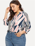 Large Size Women's Digital Printing Lattice Stand Collar Shirt Fat Sister Sleeve Loose Shirt