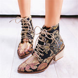 Embroidered Lace-up High Heel Boots